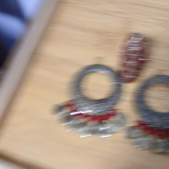 Red and Silver Tassel Crescent Earrings - Picture 7 of 7